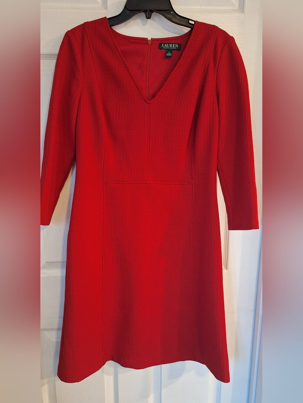 Lauren Ralph Lauren Red Textured V-Neck Fit & Flare Dress Size 6